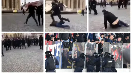 VIDEO | Un suporter al Stelei, făcut KO cu un pumn de un jandarm, în centrul Clujului! Incidente între ultrași și Jandarmerie au avut loc și la pauza meciului ”U” Cluj - Steaua