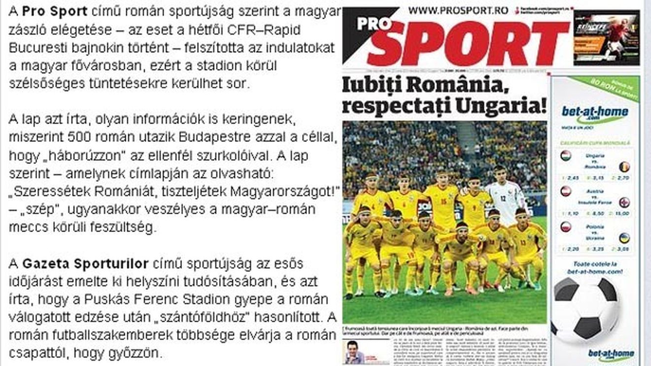 Mesajul ProSport, preluat de presa din Ungaria:** "Pentru români iubire, pentru noi respect" Echipamentele celor două echipe