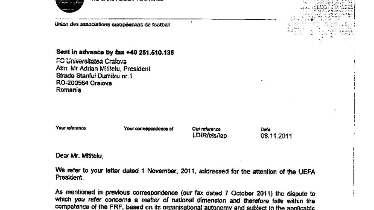 UEFA se dezice încă o dată de acțiunile FRF împotriva Craiovei!** FOTO Dovada că nu va interveni în ancheta DNA