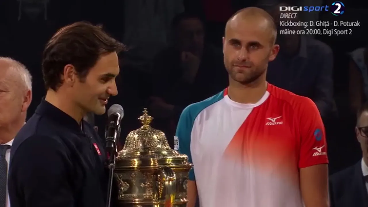 Spectacolul din teren s-a mutat pe podium! Ceremonie savuroasă cu Federer și Copil în prim-plan. Discursul românului a stârnit hohote de râs în tribune, elvețianul a rămas impresionat de evoluția lui Marius 