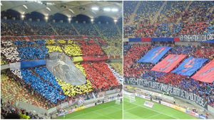 FOTO | Duelul coregrafiilor pe Arena Națională. "Rămânem fideli culorilor roș-albastre" vs. "ca Avram Iancu suntem toți". Fanii FCSB, răspuns prompt: "Voi ca Avram Iancu? Mai bine..."