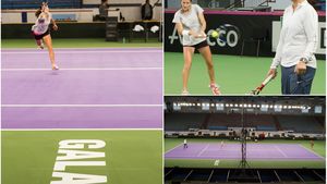 GALERIE FOTO | Primele schimburi de mingi din patinoarul în care se va juca tenis. Jucătoarele Spaniei au testat terenul de la Galați