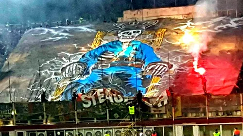 FOTO | Ultrașii Stelei explică coregrafia afișată în Giulești și neagă trimiterea către Becali: „Nu dorim asocierea cu un individ certat cu legea”. Semnificația „condamnatului de pe scaunul electric” desenat pe pânza Peluzei SUD
