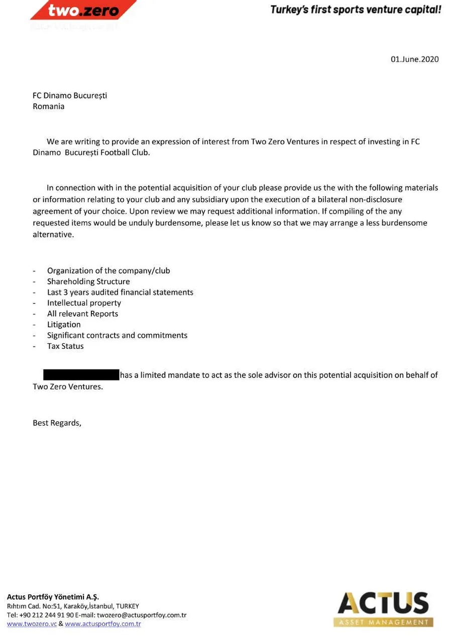 Oferta trimisă de turcii de la Two Zero Ventures