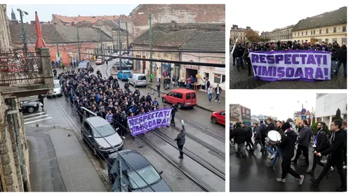 Suporterii poliști au cerut respect pentru Timișoara. Marș înainte de derby-ul cu Ripensia. ”Vrem stadion nou, vrem sală nouă de sport, vrem bazin de înot, vrem tot ce e normal”