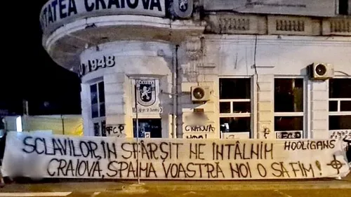 Sediul FC U Craiova, vandalizat de ultrașii din galeria echipei Petrolul Ploiești! Mesajul afișat de către „lupii galbeni” | FOTO