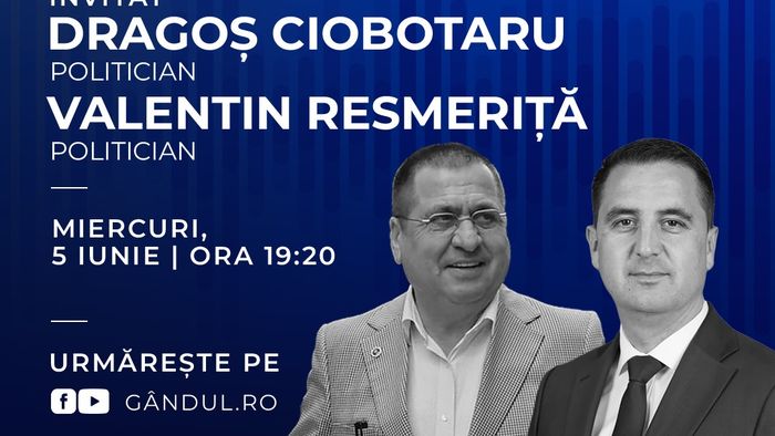 Marius Tucă Show începe miercuri, 5 iunie, de la ora 19.20, live pe gândul.ro. Invitați: Dragoș Ciobotaru și Valentin Resmeriță