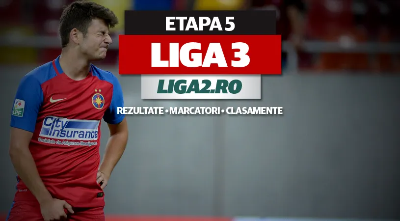 Rezultatele și marcatorii etapei a 5-a a Ligii 3.** Steaua II și Dinamo II au fost umilite, echipa lui Nicolae Dică s-a împiedicat din nou