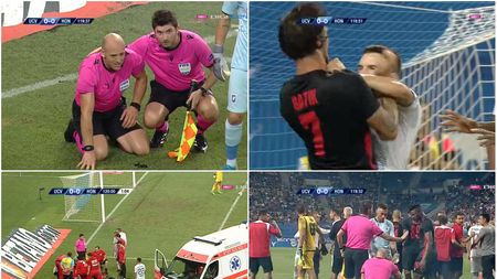 INCREDIBIL! Fanii olteni au scăpat de sub control. O petardă și un obiect l-au doborât pe arbitrul meciului U Craiova - Honved. Ungurii au cerut oprirea meciului