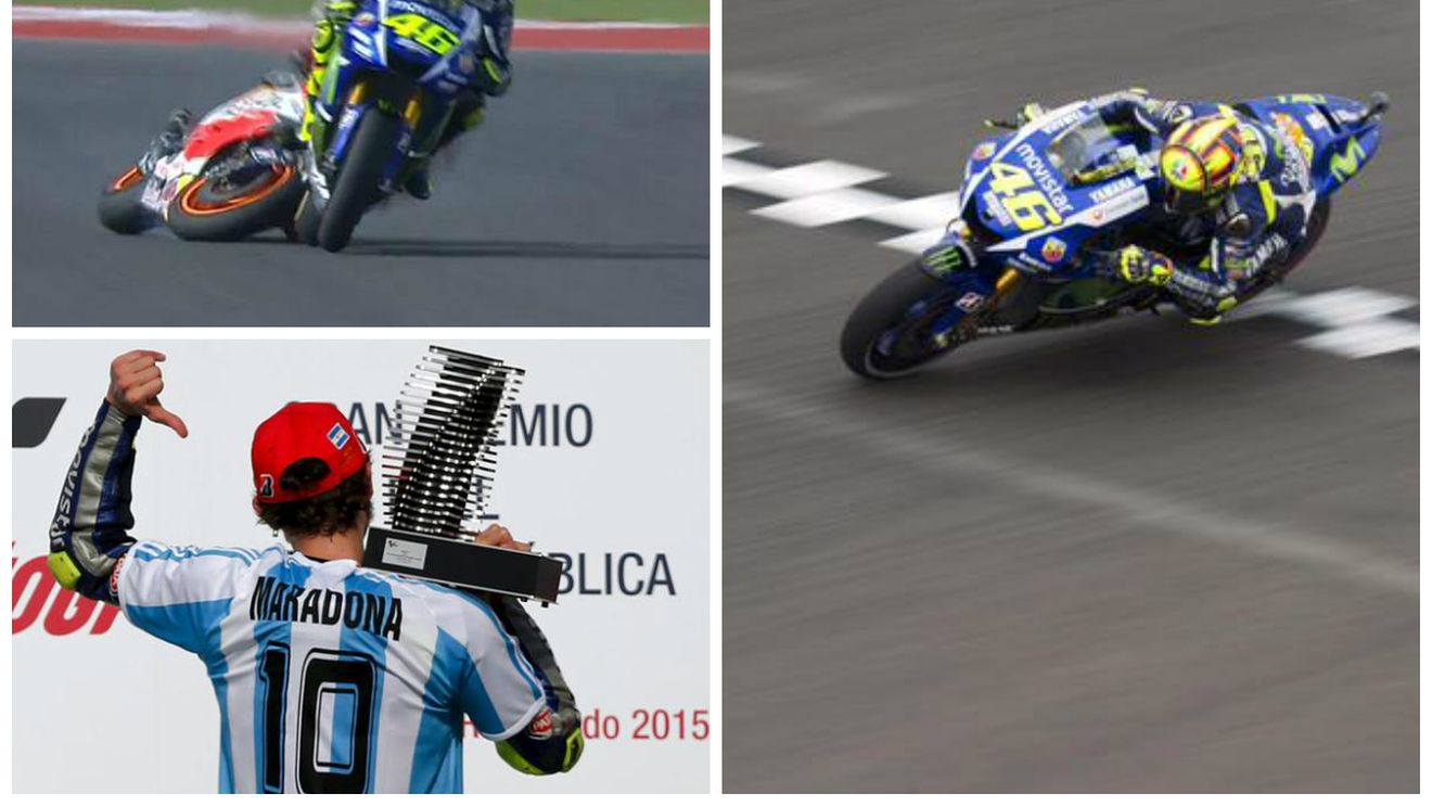 MaraRossi! Valentino a câștigat Marele Premiu al Argentinei, după ce Marquez a căzut în penultimul tur, la un contact cu Rossi. Italianul a venit pe podium cu tricoul lui Maradona