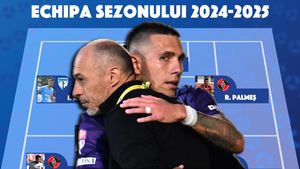 Echipa sezonului în Liga 2 și antrenorul ei. Campioana CFC Argeș are cei mai mulți componenți, urmată de Csikszereda și Steaua. Două echipe din play-out au câte un premiat