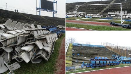 GALERIE FOTO | "Centralul" din Craiova, pregătit de demolare. Scaunele și gardurile au fost deja înlăturate de pe stadionul "Ion Oblemenco". Surpriză: Ce au găsit muncitorii în țeava unui gard
