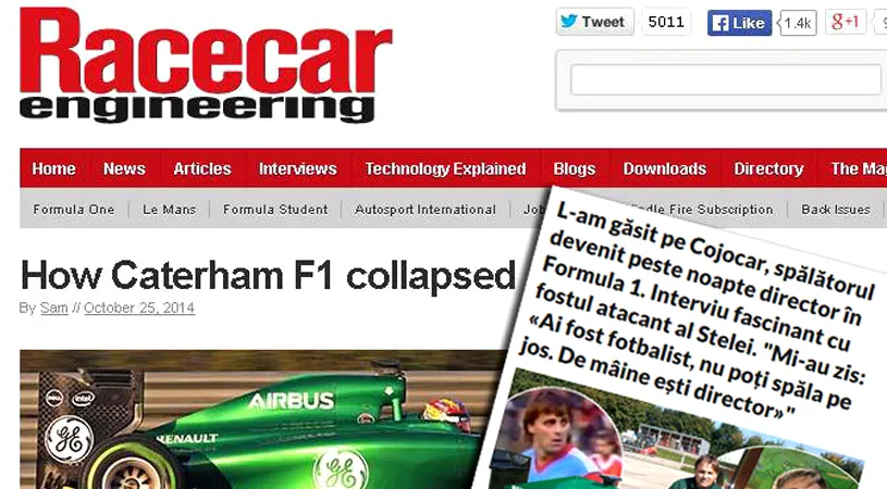 Cea mai tare revistă de tehnologie motorsport din lume preia interviul ProSport cu fostul stelist Cojocaru. Caterham, echipa îngrijitorului-director român, va rata următoarele două curse din F1