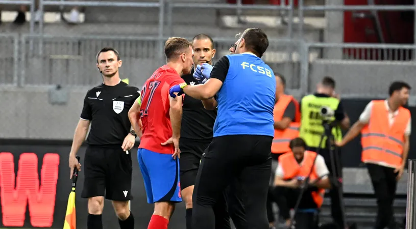 Imagine îngrozitoare! Darius Olaru, plin de sânge, după ce a primit un cap în figură în Maccabi Tel-Aviv - FCSB