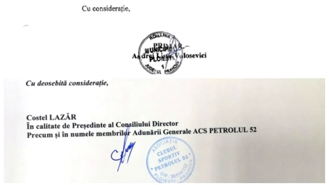 Încă o corespondență cu maximă ”considerație” între primarul Volosevici și președintele Lazăr, nimic concret și de ajutor pentru Petrolul!