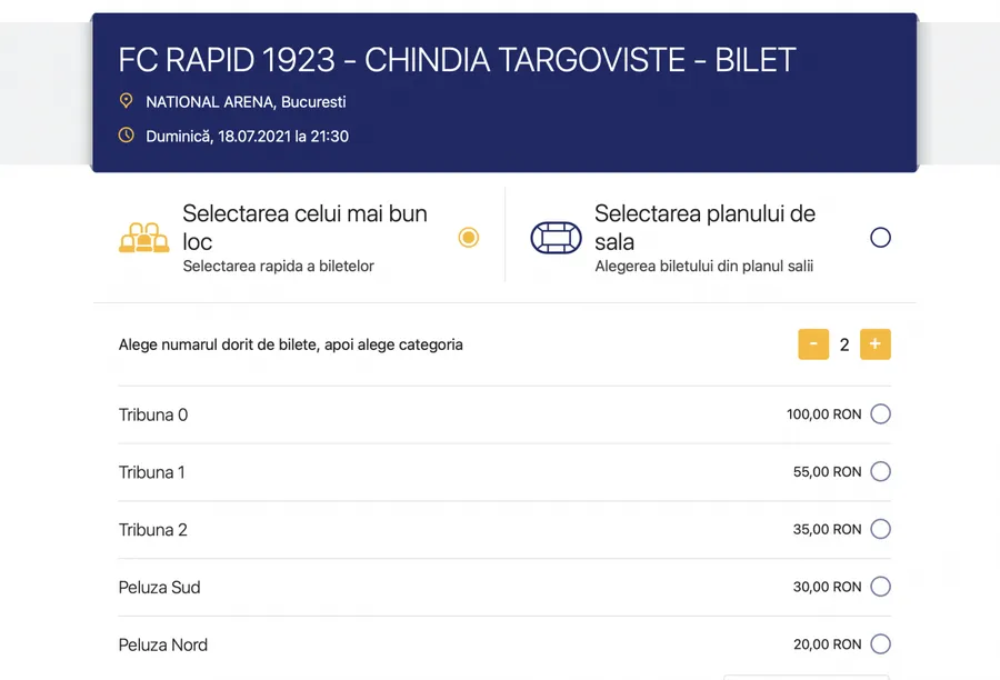 Așa arată platforma Eventim, unde scrie clar că poți achiziționa bilet la tribuna 0 în schimbul a 100 de lei