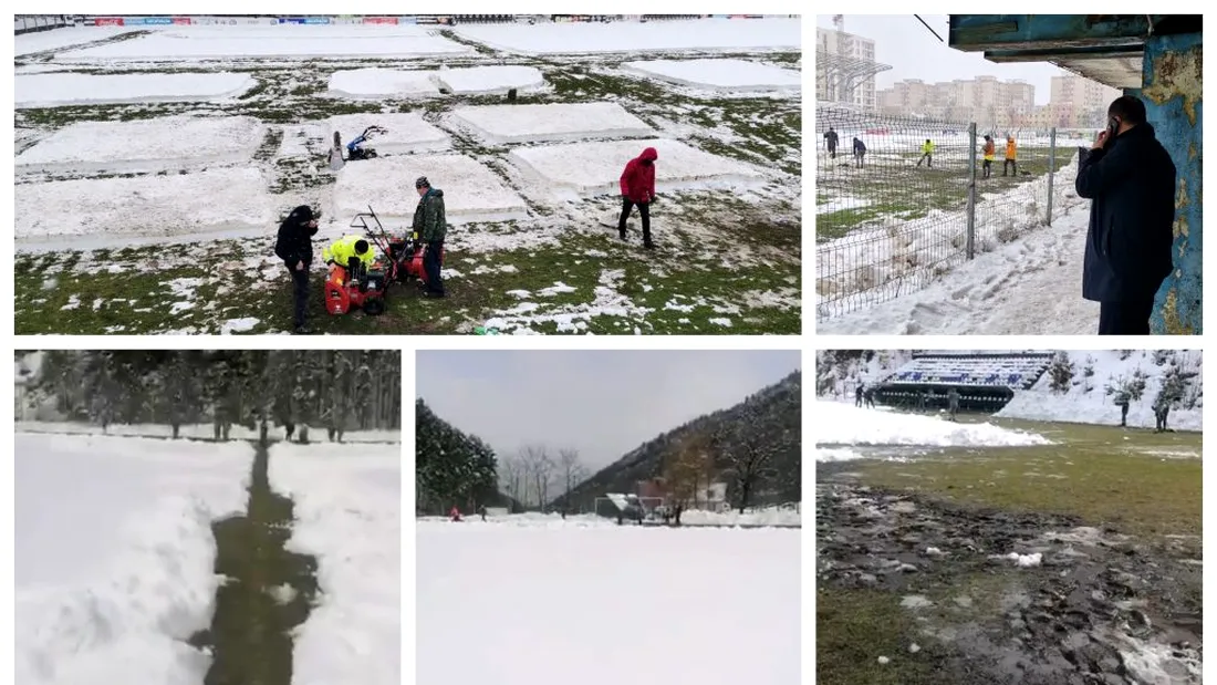 FOTO și VIDEO | Două meciuri din Liga 3, de la Brașov și Rășinari, amânate pentru o zi, din cauza faptului că organizatorii n-au făcut față zăpezii