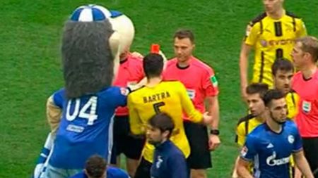 Cea mai tupeistă mascotă! :) Ce i-a făcut arbitrului de la Schalke - Borussia Dortmund, după o gafă a acestuia