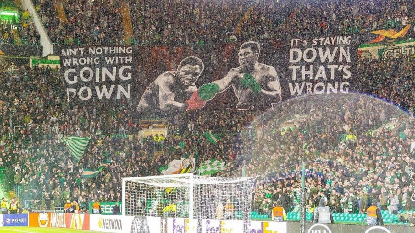 DE COLECȚIE | Replica lui Muhammad Ali transformată într-o coregrafie de excepție de fanii lui Celtic! "În ring sau în afara lui..." Mesajul afișat la meciul cu CFR Cluj