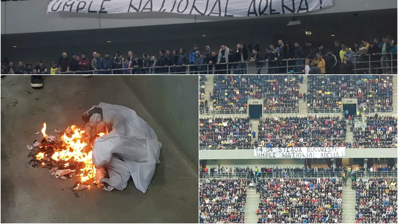 FOTO | Cum au reușit doar cinci ultrași de la Peluza SUD Steaua să afișeze un mesaj în mijlocul suporterilor FCSB. PRA, acuzată că a ars pânza pe care era scris numele 