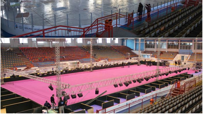 GALERIE FOTO | Patinoarul din Galați, transformat complet în arenă de tenis pentru meciurile de la FedCup. Simona Halep stabilește suprafața de joc: "Așteptăm ultimele ei indicații, să vedem cum o mai ajustăm" 