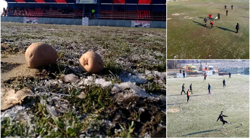 Cartofii au răsărit pe teren, jucătorii au făcut slalom la încălzire printre roabele cu nisip!** FOTO | Imaginile incredibile de la Balotești: 