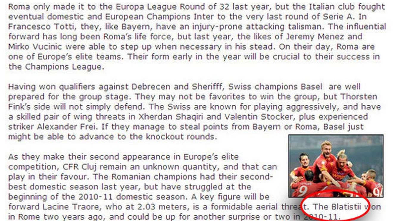 Rebranduire forțată! :) Goal.com: "The Blatiștii au câștigat la Roma, acum doi ani!"