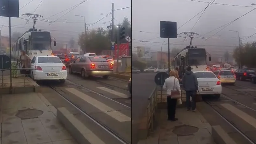 O șoferiță care a depășit pe linia de tramvai i-a cerut vatmanului să se dea la o parte VIDEO