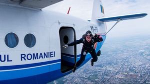 Spectacol printre nori la Casa Poporului. Steliana Popa, primul loc la concursul de parașutism din București