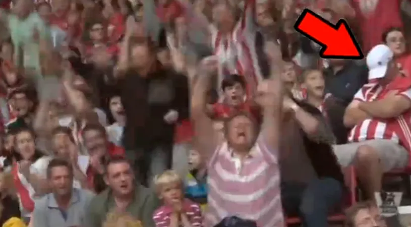 VIDEO EPIC** Vuietul mulțimii l-a lovit ca un TRĂ‚SNET. Un fan al lui Southampton dormea la penalty-ul lui Van Persie! Cum a reacționat când i-a fost stricată 