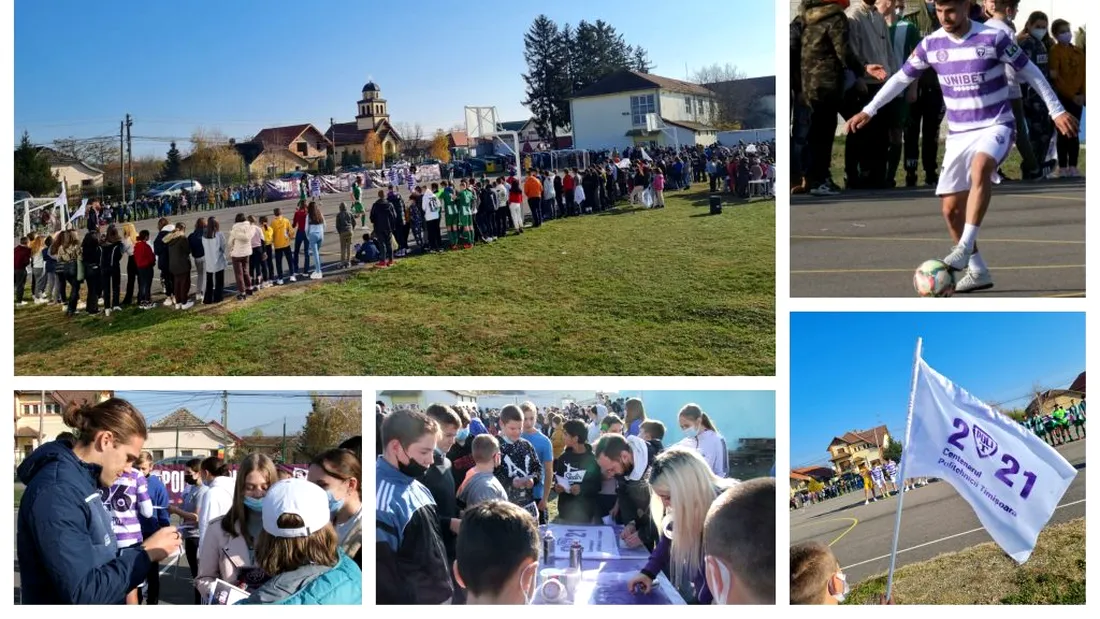 Poli Timișoara s-a întors în curtea școlii! Fotbaliștii alb-violeți au jucat un meci cu elevii din Peciu Nou | FOTO