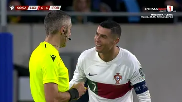 Reacția lui Cristiano Ronaldo când Radu Petrescu i-a dat cartonaș galben pentru simulare. Portughezul nu l-a menajat pe arbitrul român
