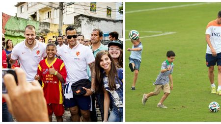 "Dădacă" la antrenament. Van Persie a avut grijă de copiii starurilor Olandei. Jucătorii lui Van Gaal au vizitat cea mai colorată favelă din Rio