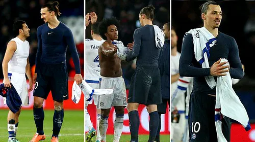 FOTO GENIAL | Asta înseamnă să fii Zlatan :) După meciul cu Chelsea, Ibrahimovic a primit DOUĂ‚ tricouri pentru cel purtat de el în meci