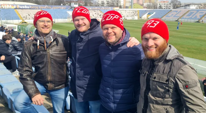 Surpriza din tribună la meciul Metalul Buzău - CS Dinamo 4-2! Motivul pentru care patru frați nemți au venit special în România pentru a urmări jocul din Liga 2