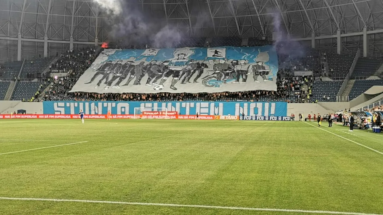 Scenografie atipică în derby-ul Craiovei! Ce banner uriaș au putut să afișeze ultrașii lui FC U | GALERIE FOTO