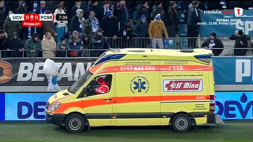 Panică generală pe „Ion Oblemenco” în startul meciului Universitatea Craiova – FCSB! A fost nevoie de intrarea ambulanței pe gazon