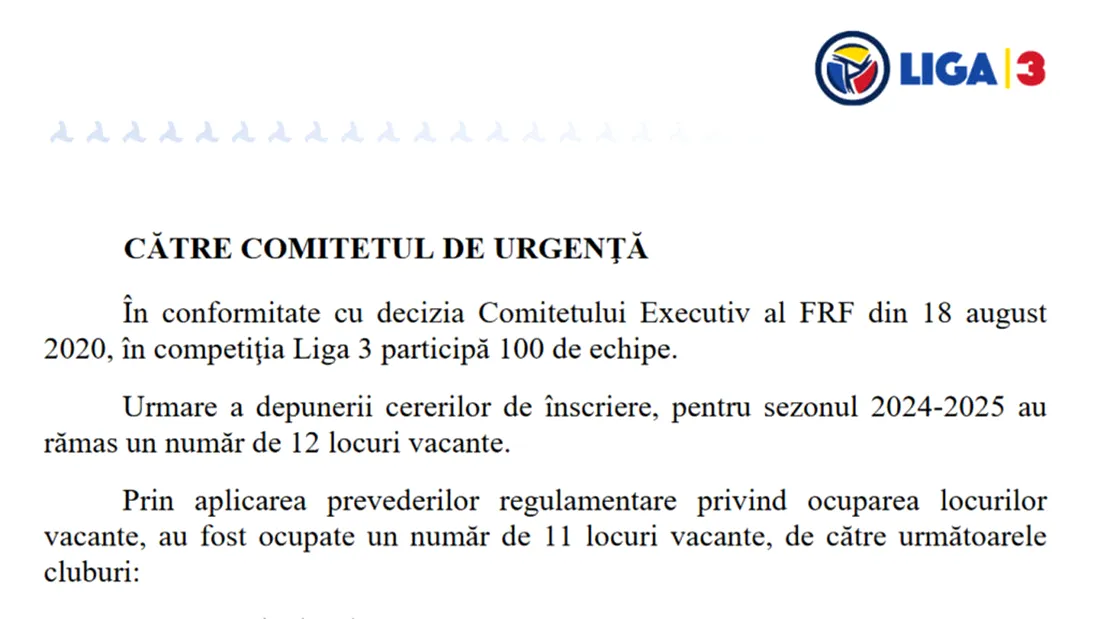 FRF a anunțat 11 cluburi care vor completa din locurile vacante pentru noul sezon de Liga 3! Surprizele Petrolul 2 și ACS Sport Team