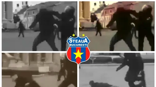 Imagini șocante: un jandarm îi dă un pumn unui suporter de la CSA Steaua, în mijlocul Clujului, și îl face K.O.! VIDEO