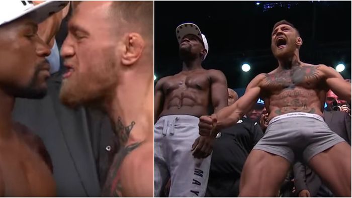 A început Meciul Secolului! VIDEO | McGregor l-a înfruntat pe Mayweather chiar după cântarul oficial. Reacția "de gheață" a americanului și câți bani vor împărți cei doi