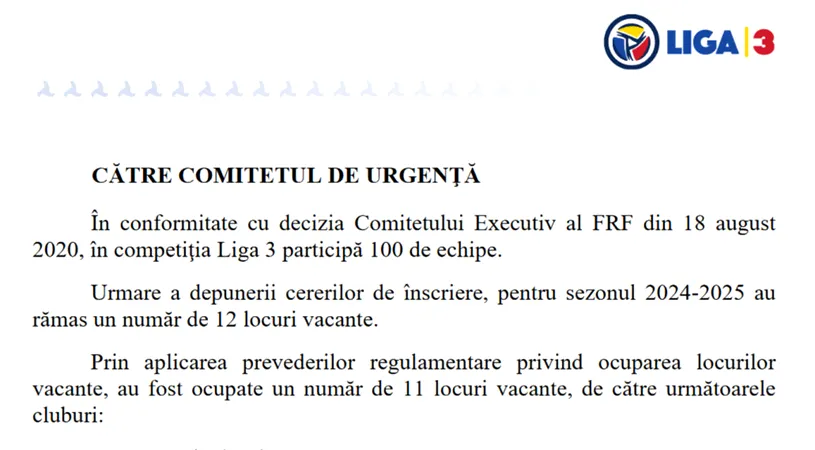 FRF a anunțat 11 cluburi care vor completa din locurile vacante pentru noul sezon de Liga 3! Surprizele Petrolul 2 și ACS Sport Team