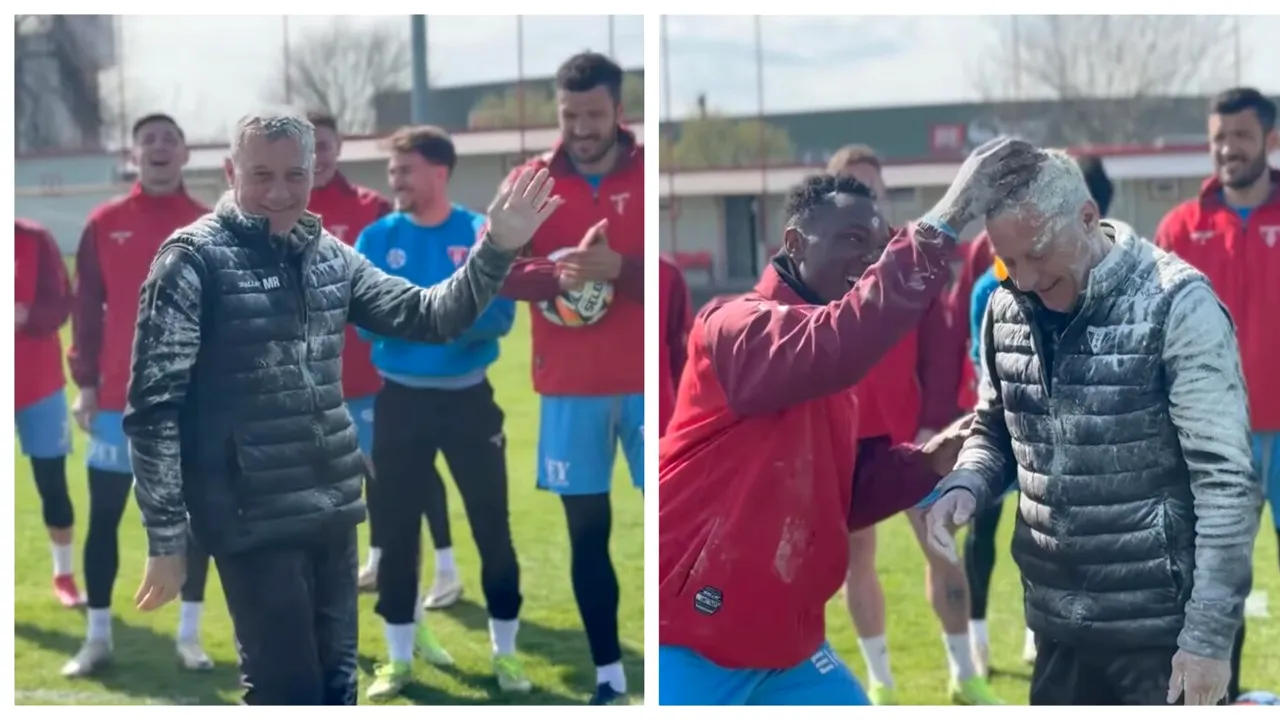 Imagini neverosimile. Fotbaliştii i-au pus făină şi ouă în cap lui Mircea Rednic: de ce au făcut acest gest!