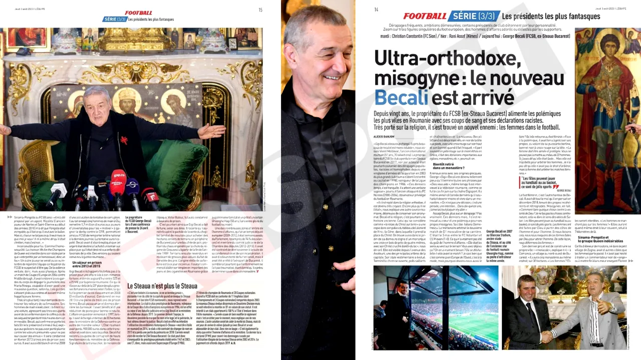 Gigi Becali, vedetă în L'Equipe: Ultra-ortodoxul misogin! Jurnaliștii francezi îi dedică două pagini patronului miliardar de la FCSB, în care îl critică pentru atitudinea împotriva femeilor: „Are un nou inamic”