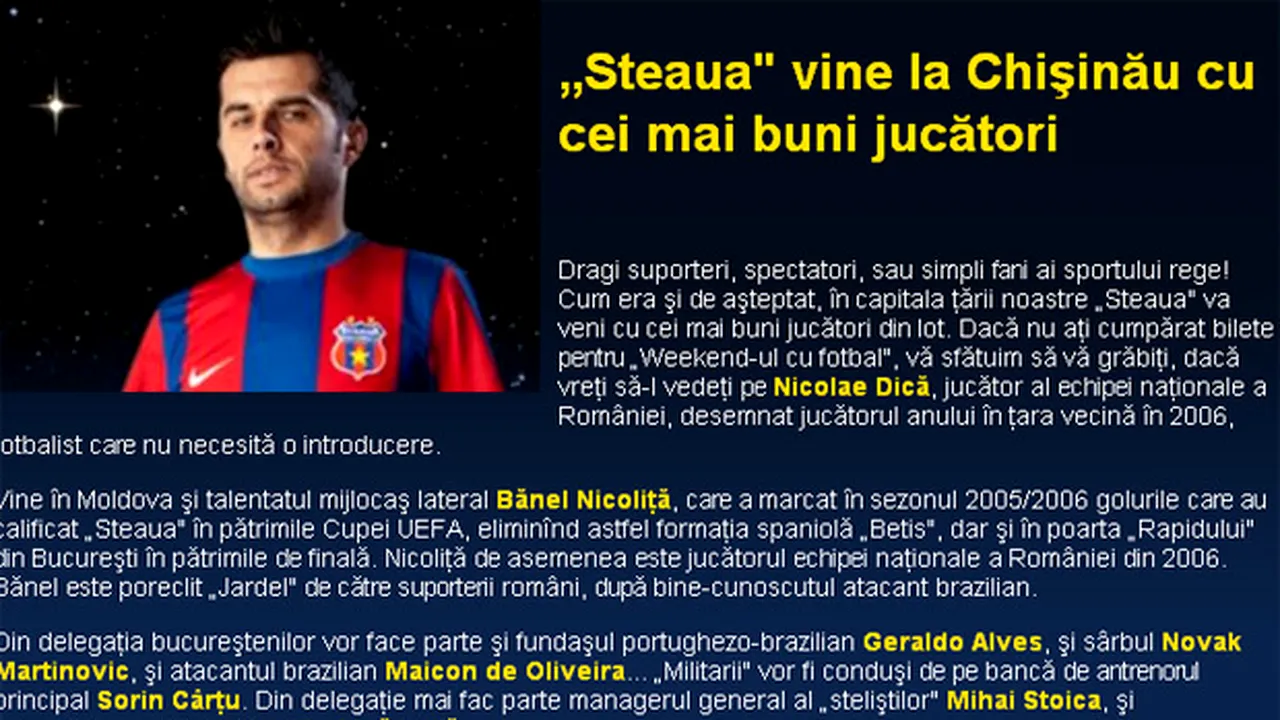 Meciul cu Steaua, evenimentul anului în Moldova!** 