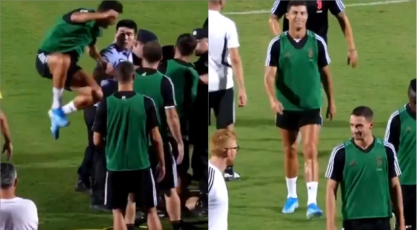 Cristiano Ronaldo a sărit pe un jandarm la antrenamentul lui Juventus. VIDEO | Reacția portughezului, după ce un fan a intrat pe teren