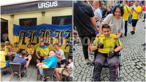 Imagini emoționante din Centrul Vechi înainte de Ucraina - Austria! Un suporter în scaun cu rotile a venit la București să își susțină favoriții! Spectacol făcut de cele două galerii | FOTO & VIDEO