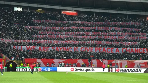 Bannere controversate la Belgrad, la meciul Steaua Roșie – Rangers, din optimile Europa League. Cum au ironizat sârbii Statele Unite, în timpul războiului din Ucraina: „Să dăm păcii o șansă!”