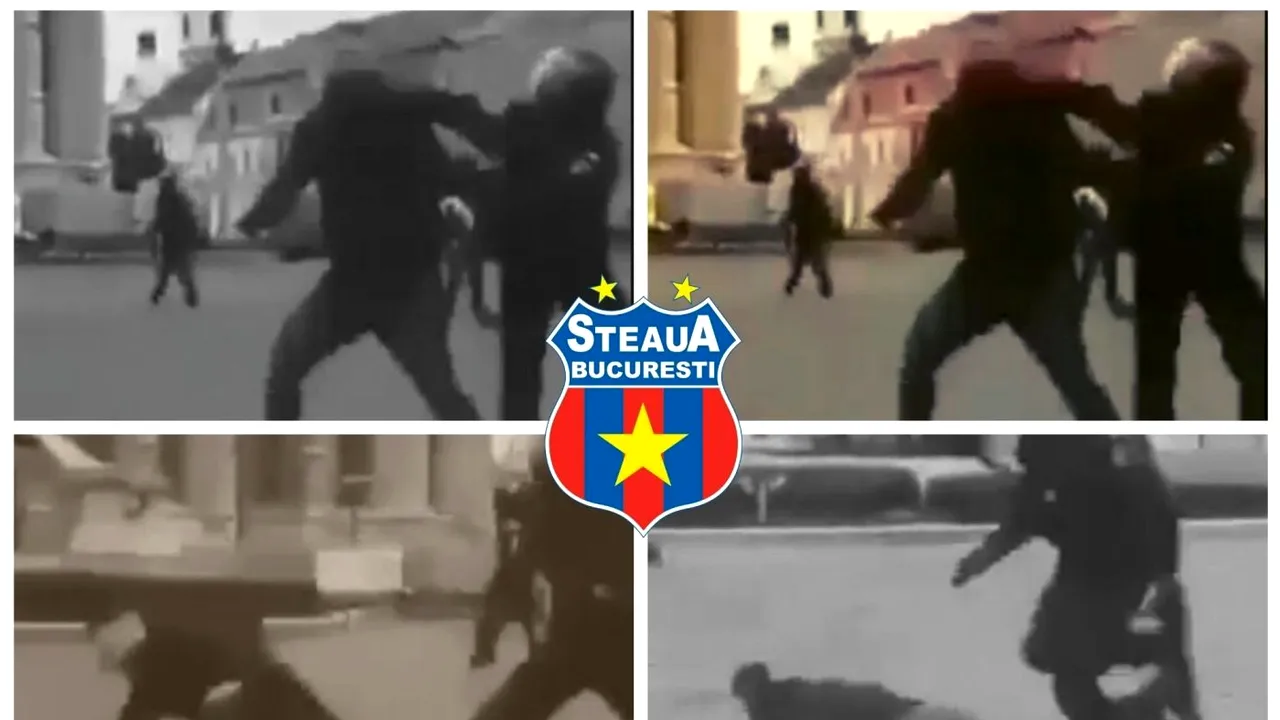 Imagini șocante: un jandarm îi dă un pumn unui suporter de la CSA Steaua, în mijlocul Clujului, și îl face K.O.! VIDEO