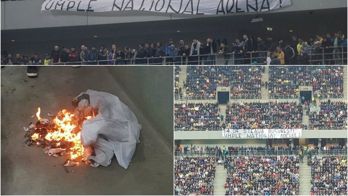 FOTO | Cum au reușit doar cinci ultrași de la Peluza SUD Steaua să afișeze un mesaj în mijlocul suporterilor FCSB. PRA, acuzată că a ars pânza pe care era scris numele "Steaua București"

