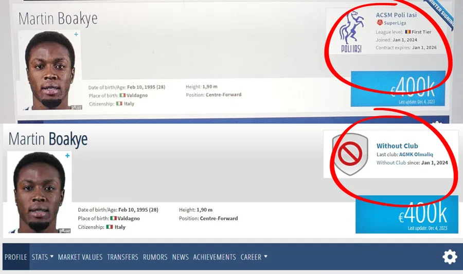 Așa apărea scris în dreptul jucătorului pe site-ul Transfermarkt înainte și după intervenția agentului